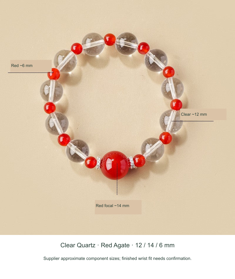 Original actual Clear Quartz 12 mm · Red Agate 14 & 6 mm photograph with English SKU-priority reference labels; physical motifs unchanged