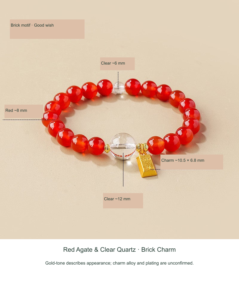 Original actual Red Agate & Clear Quartz · Gold-Tone Brick Charm photograph with English SKU-priority reference labels; physical motifs unchanged
