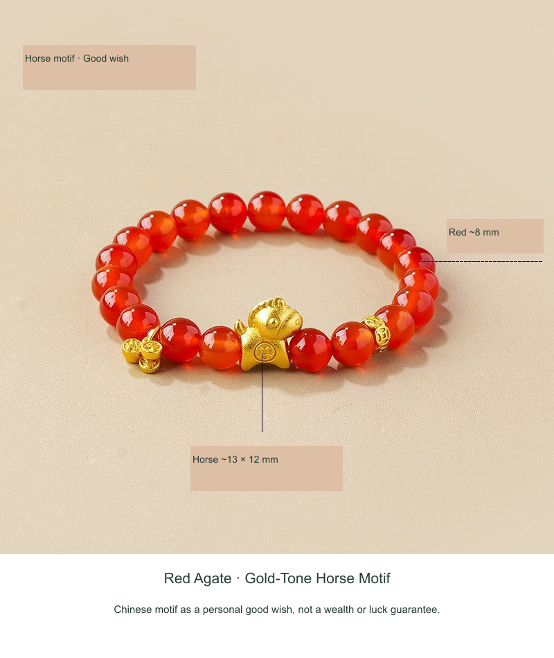 Original actual Red Agate · Gold-Tone Horse Motif photograph with English SKU-priority reference labels; physical motifs unchanged