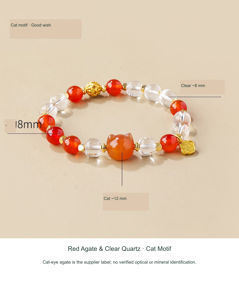 Original actual Red Agate & Clear Quartz · Cat Motif photo, final English caption areas keep jewelry edges intact