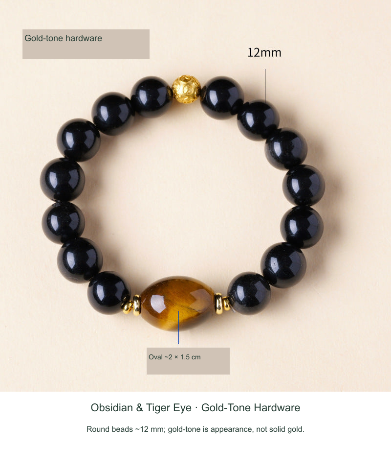 Actual Obsidian & Tiger Eye Oval · Gold-Tone Hardware reference photograph, English SKU-priority labels; source photo size ranges stated separately