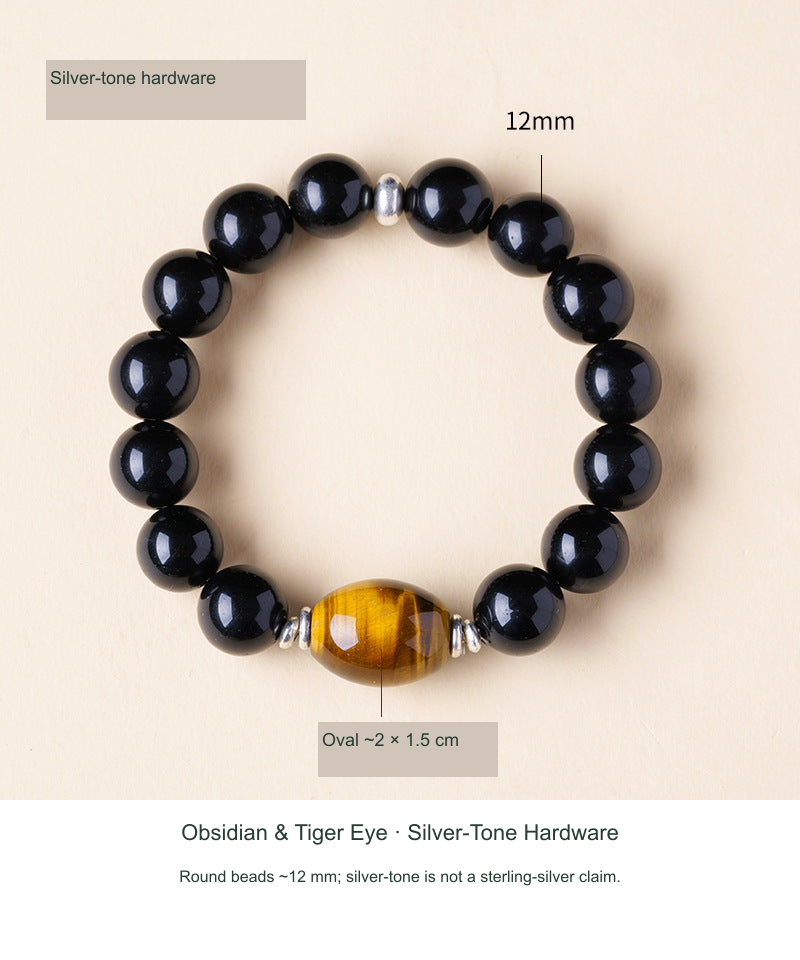 Actual Obsidian & Tiger Eye Oval · Silver-Tone Hardware reference photograph, English SKU-priority labels; source photo size ranges stated separately