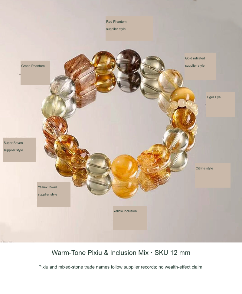 Original actual Warm-Tone Pixiu & Inclusion-Style Bracelet · Nominal 12 mm reference photograph, translated English labels without redrawing jewelry