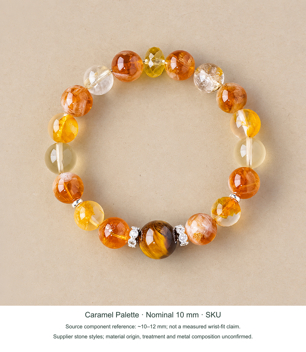 Caramel Palette · Mixed-Stone Bracelet · Nominal 10 mm real-source reference image, English SKU selection and separate supplier photo dimensions