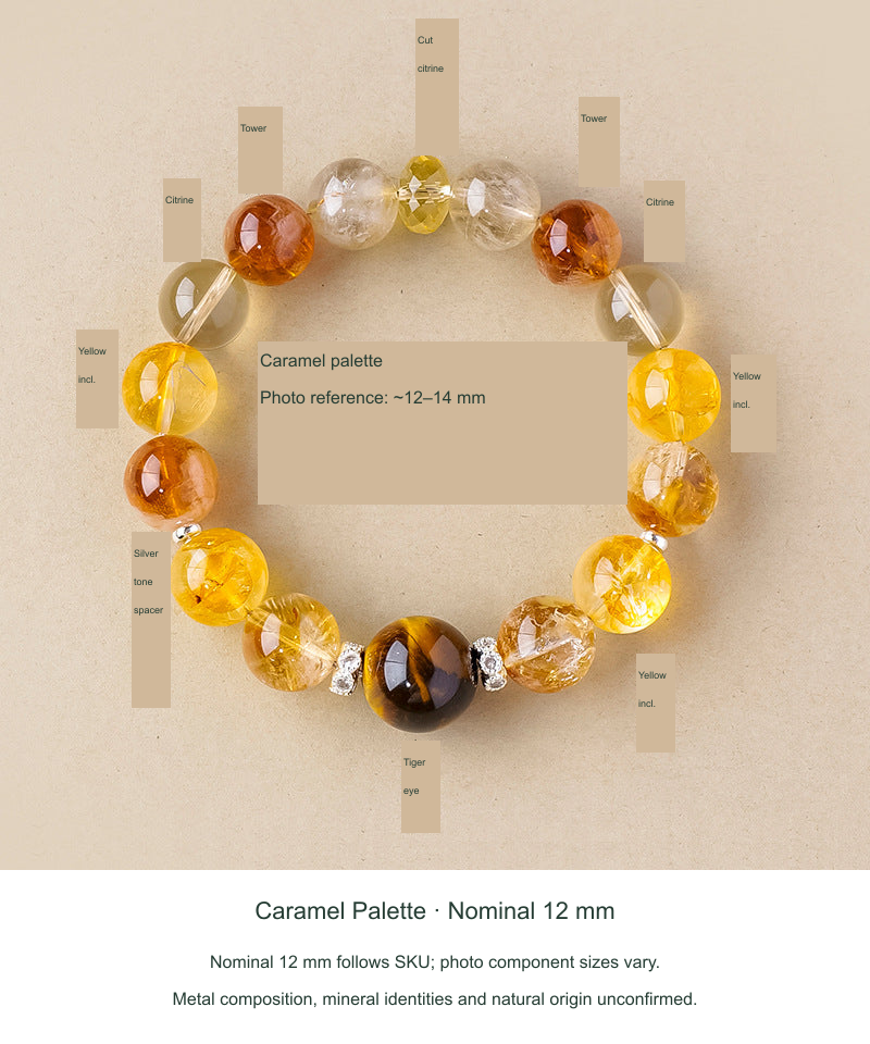 Caramel Palette · Mixed-Stone Bracelet · Nominal 12 mm real-source reference image, English SKU selection and separate supplier photo dimensions