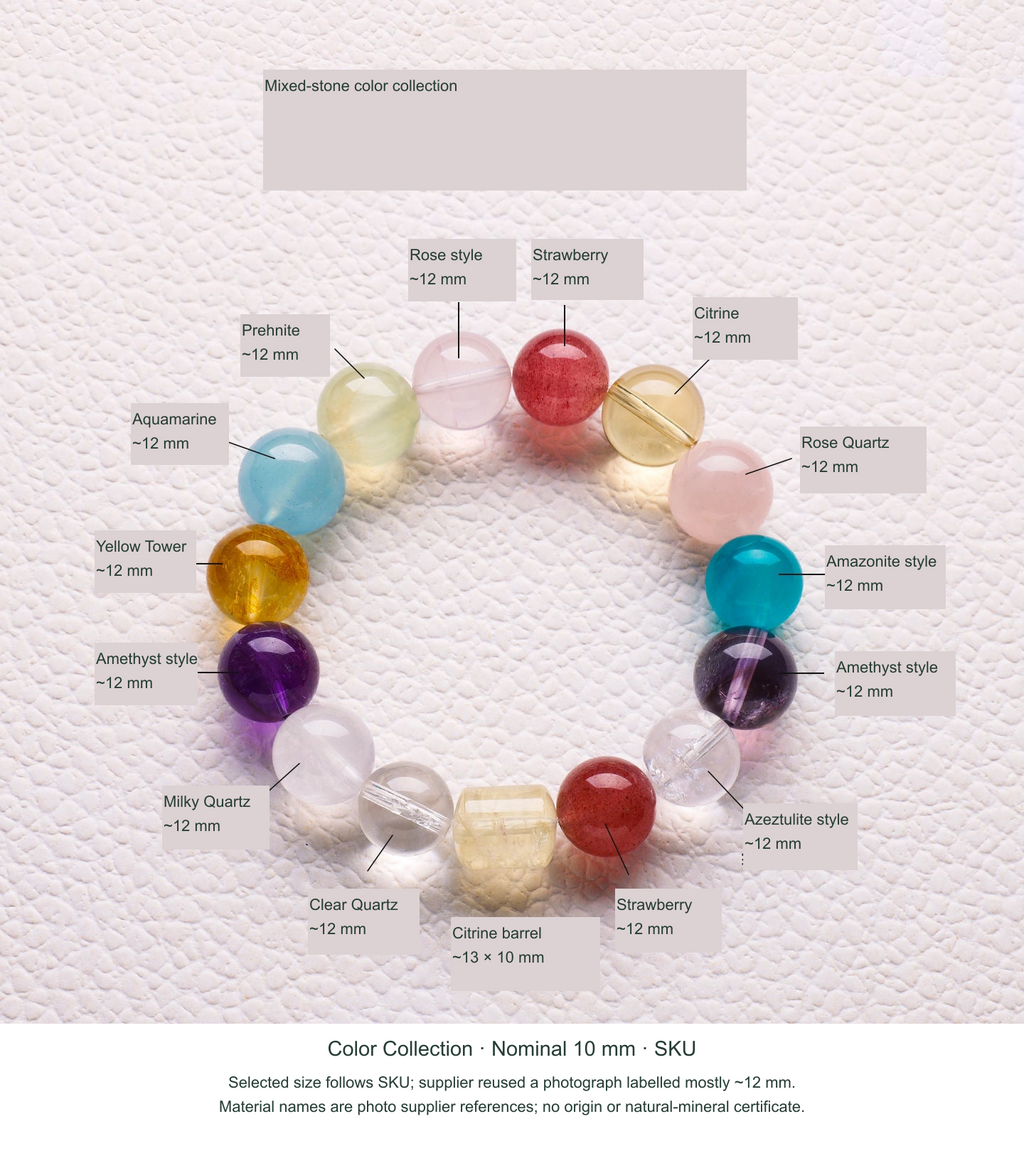 Color Collection · Mixed Stones · Nominal 10 mm real-source reference image, English SKU selection and separate supplier photo dimensions