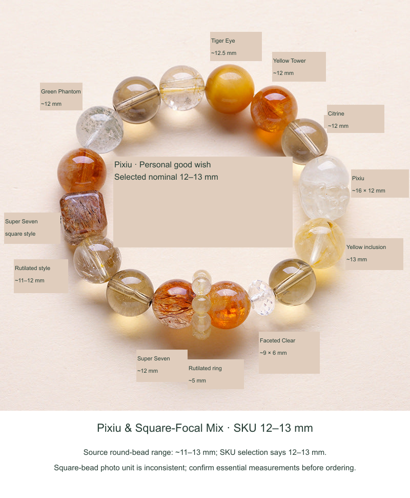 Original actual Pixiu & Square-Focal Mix · Nominal 12–13 mm reference photograph, translated English labels without redrawing jewelry