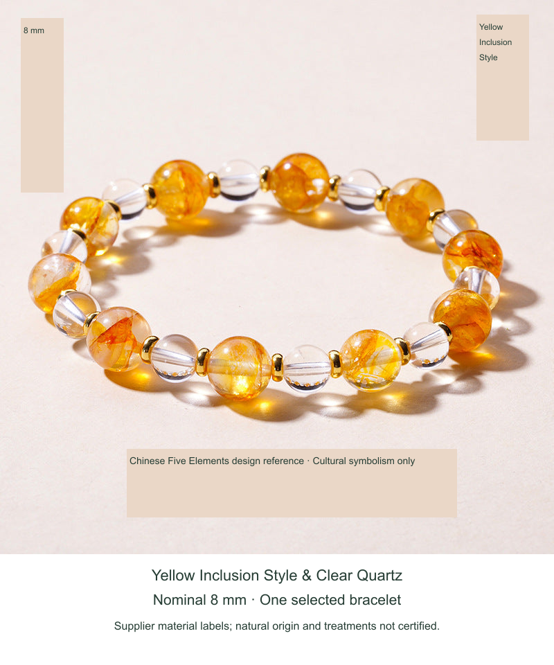 Original actual Yellow Inclusion & Clear Quartz · Nominal 8 mm bracelet photograph with English captions