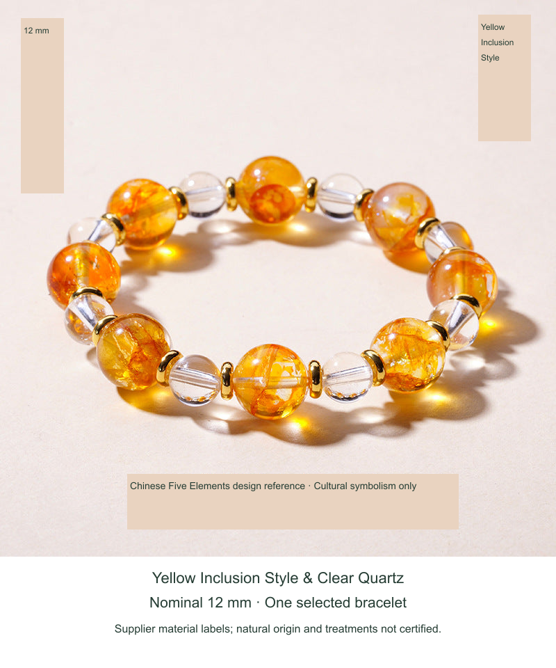 Original actual Yellow Inclusion & Clear Quartz · Nominal 12 mm bracelet photograph with English captions