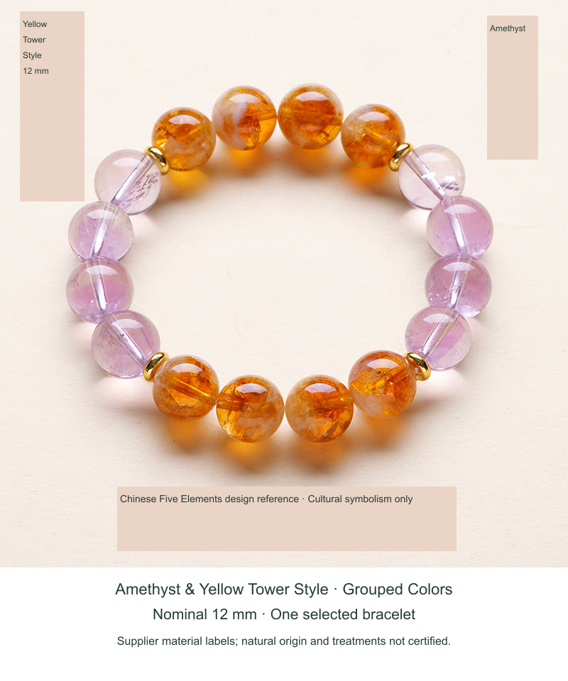 Original actual Yellow Tower & Amethyst Row Design · Nominal 12 mm bracelet photograph with English captions