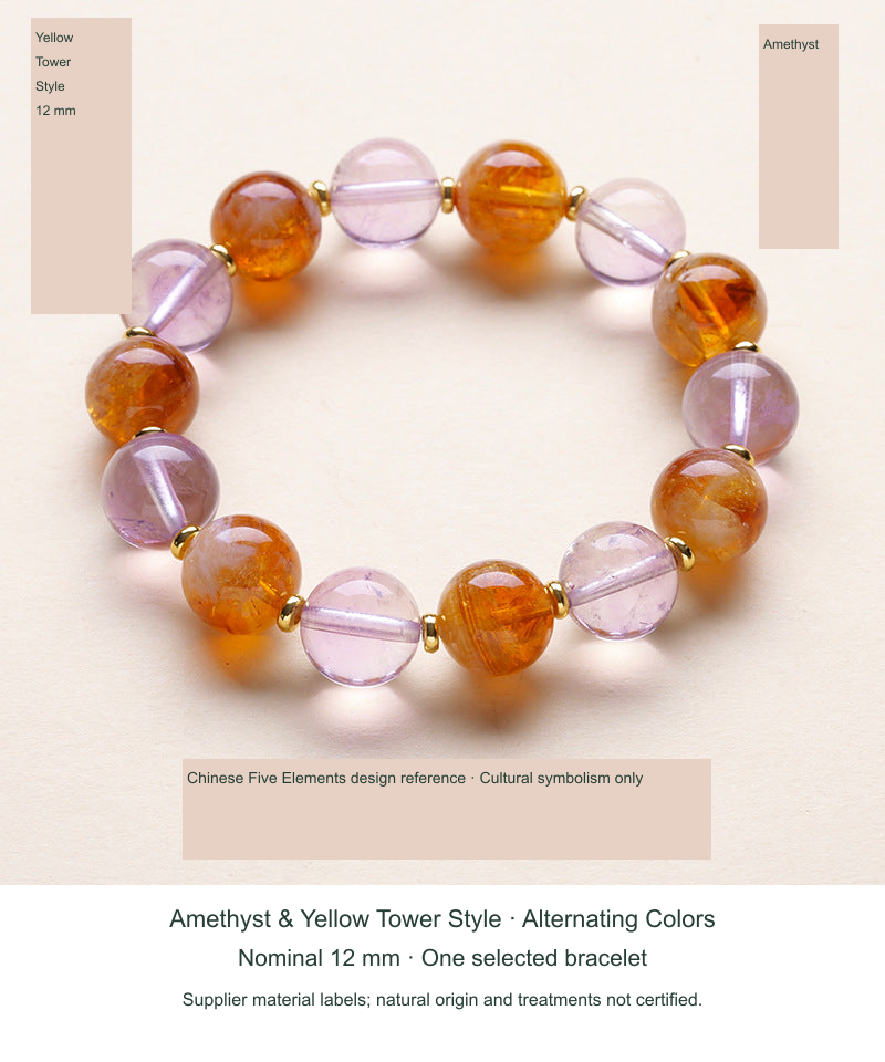 Original actual Yellow Tower & Amethyst Alternating Design · Nominal 12 mm bracelet photograph with English captions
