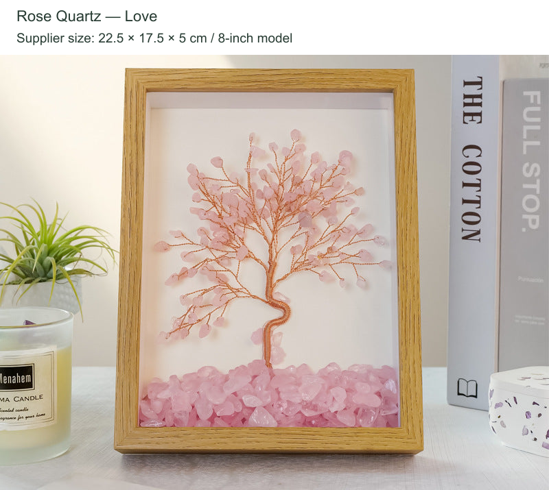Stone-chip tree framed art; original product preserved with English SKU and size caption.