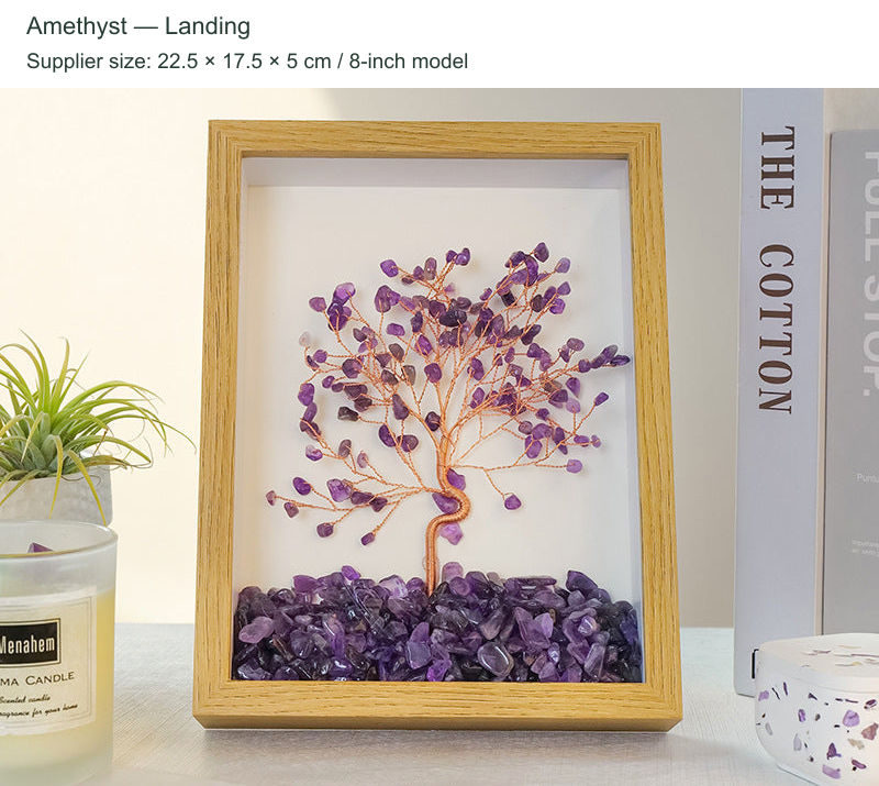 Stone-chip tree framed art; original product preserved with English SKU and size caption.