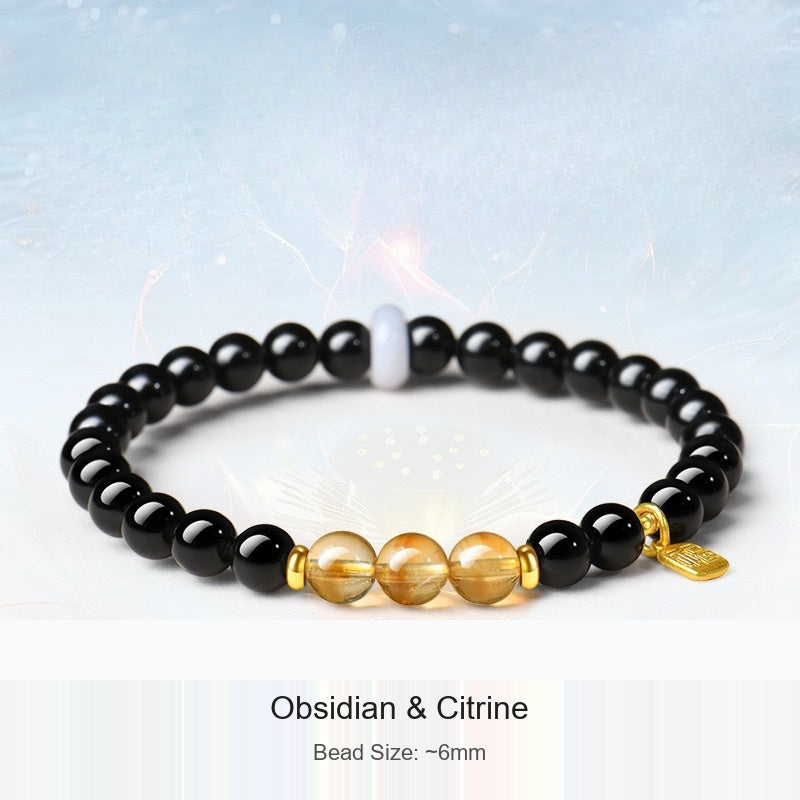 Actual black-bead bracelet with original material and 6 mm size captions preserved; supplier shadow logo removed from background