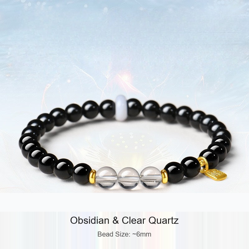 Actual black-bead bracelet with original material and 6 mm size captions preserved; supplier shadow logo removed from background