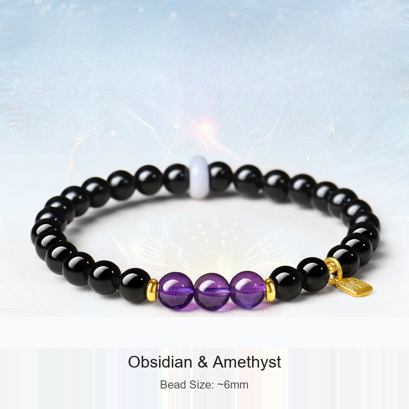 Actual black-bead bracelet with original material and 6 mm size captions preserved; supplier shadow logo removed from background