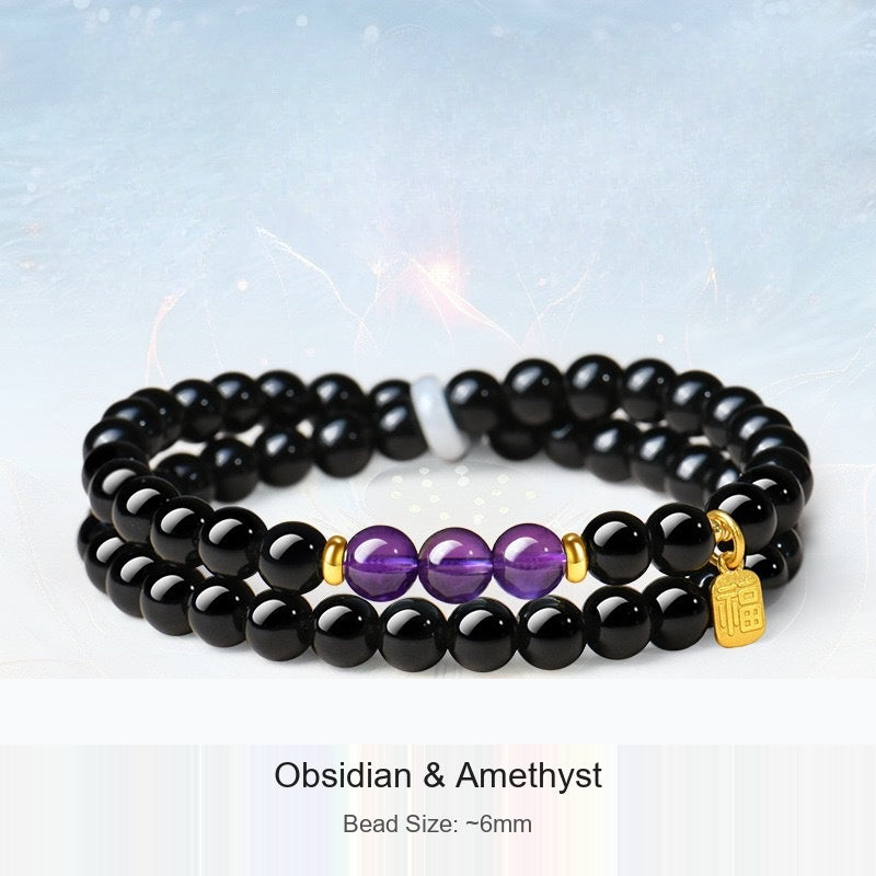 Actual black-bead bracelet with original material and 6 mm size captions preserved; supplier shadow logo removed from background