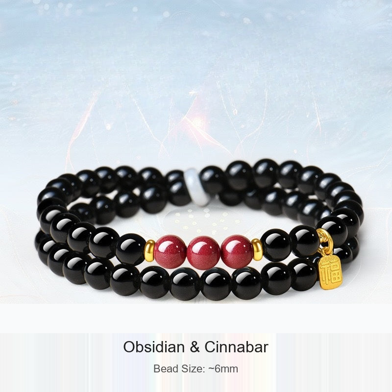 Actual black-bead bracelet with original material and 6 mm size captions preserved; supplier shadow logo removed from background