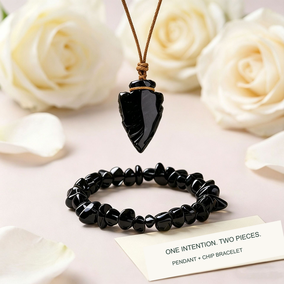 Obsidian arrow pendant and chip bracelet set with corrected English prop caption