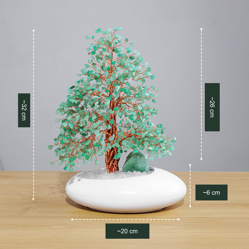 Original Green Aventurine SKU tree photo; approximate dimension labels translated into English without changing product information.