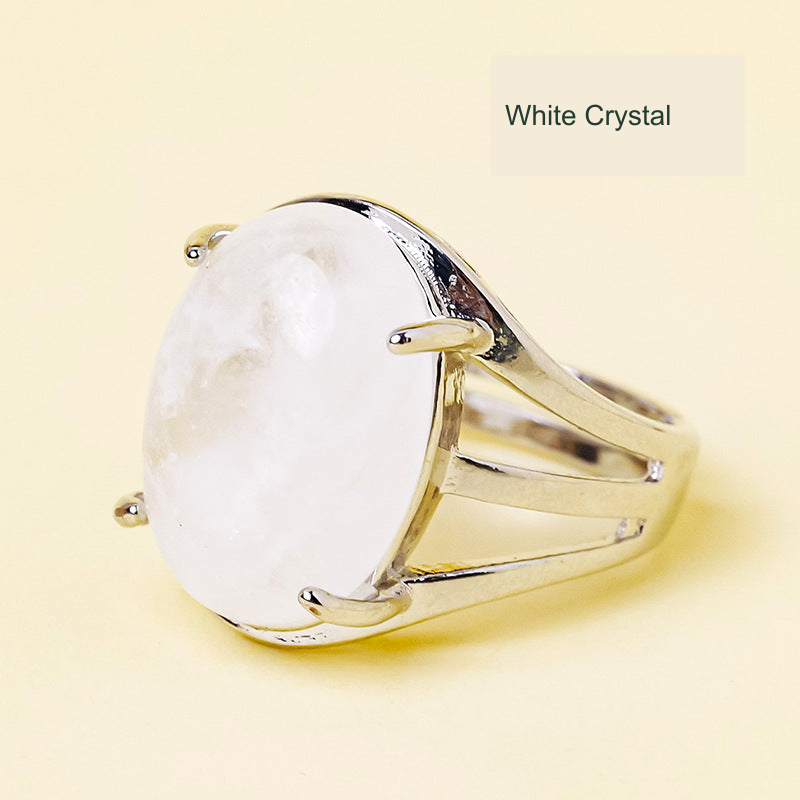 White Crystal oval ring, unchanged original product photograph with English material label