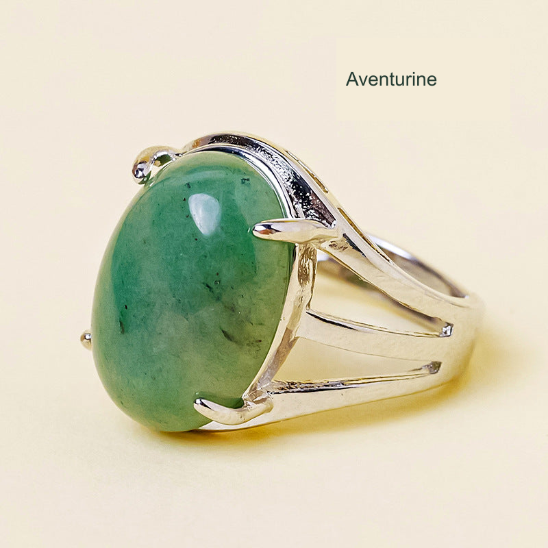 Aventurine oval ring, unchanged original product photograph with English material label