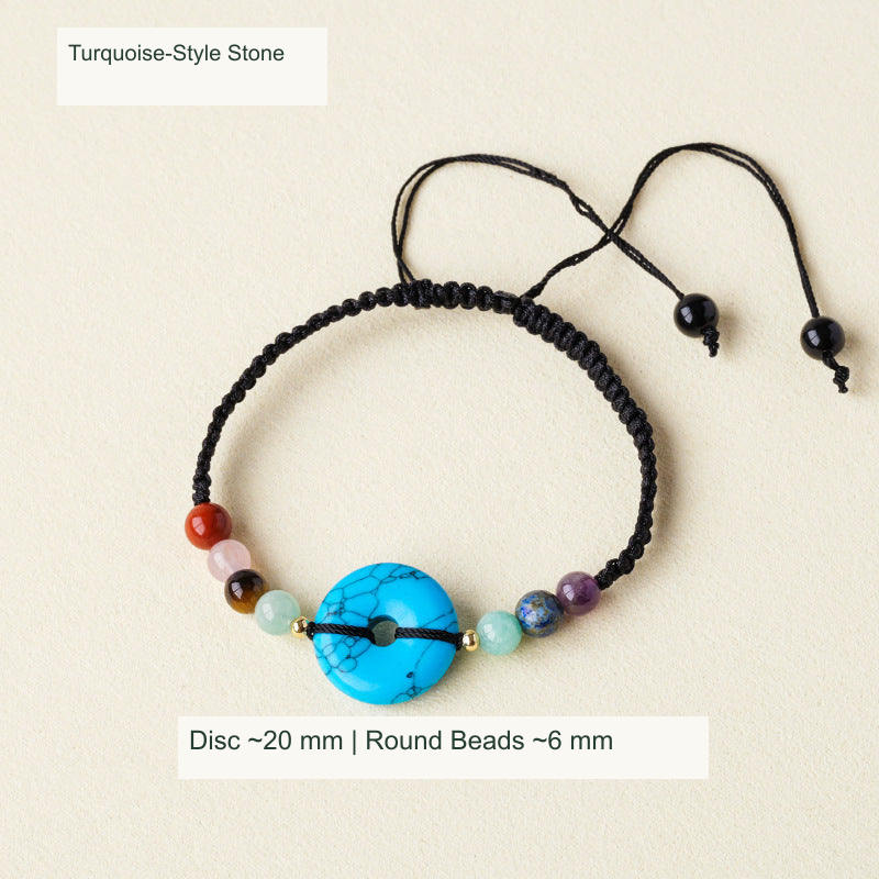Original adjustable bracelet photograph with English supplier style and dimensions; beads and cord unchanged