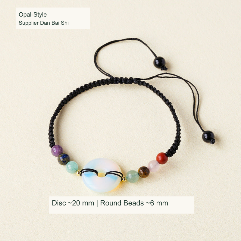 Original adjustable bracelet photograph with English supplier style and dimensions; beads and cord unchanged