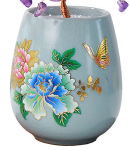Purple-tone chip tree in a peony ceramic vase — actual peony vase detail