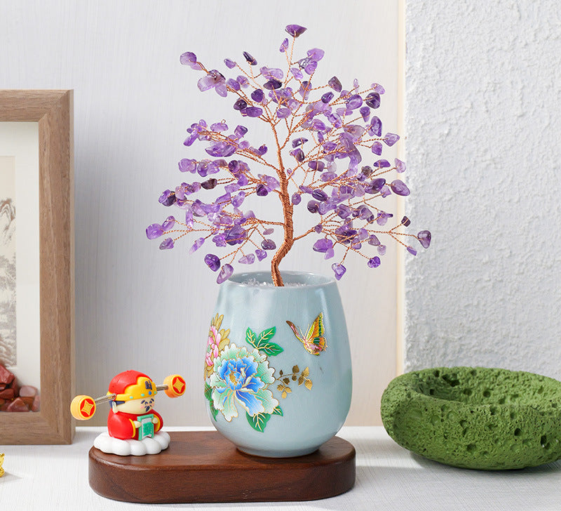 Purple-tone chip tree in a peony ceramic vase — actual room display
