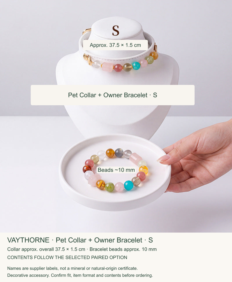 Original pet jewelry option 10, English size and translated material labels; real product retained.