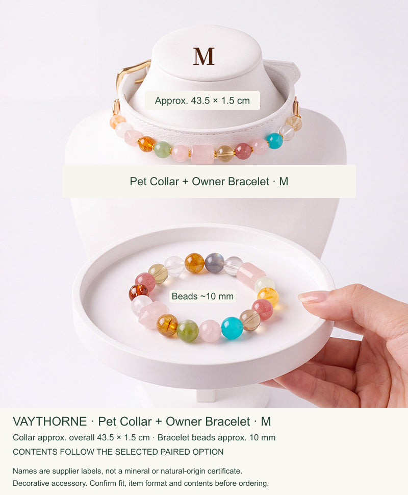 Original pet jewelry option 11, English size and translated material labels; real product retained.