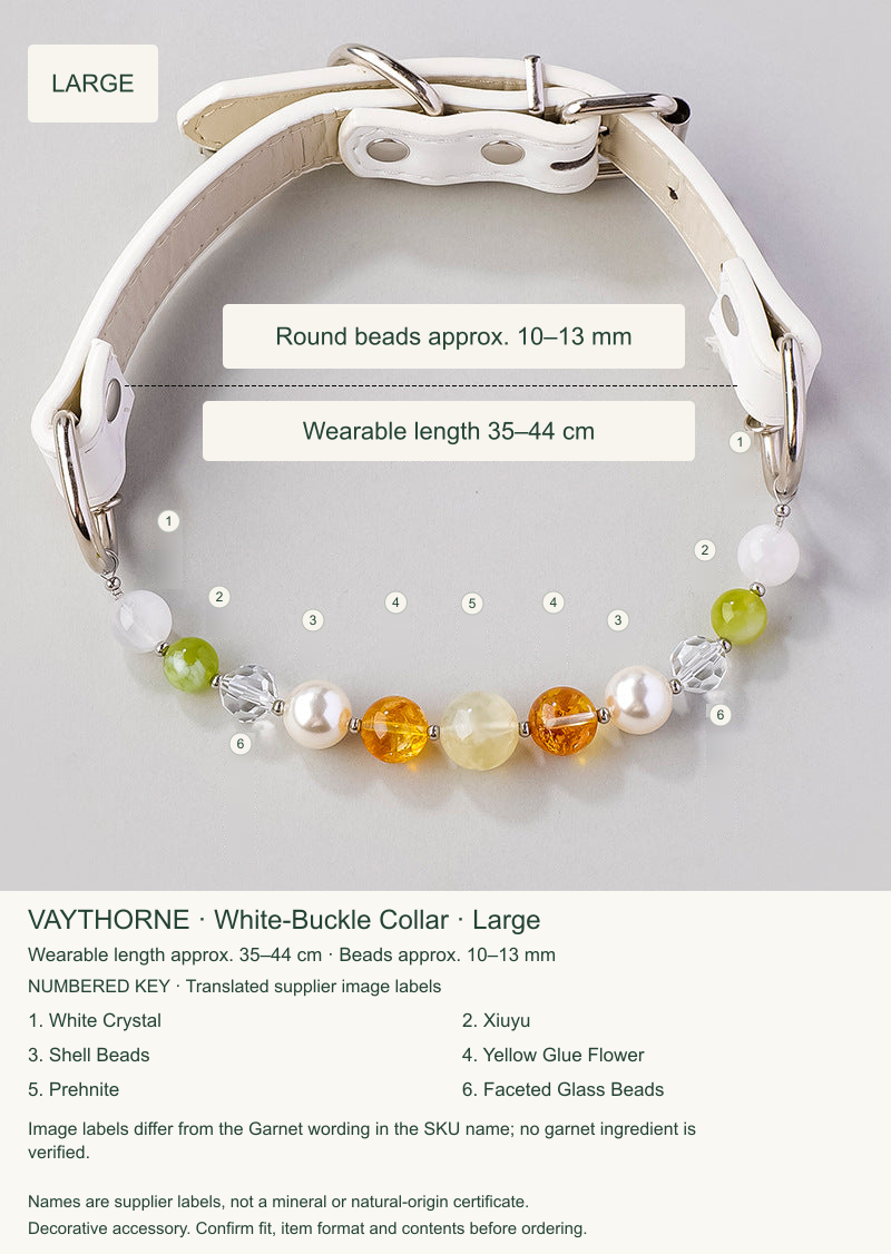 Original pet jewelry option 12, English size and translated material labels; real product retained.