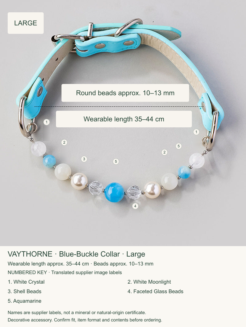 Original pet collar option 15, English sizing and numbered translations of original material labels.