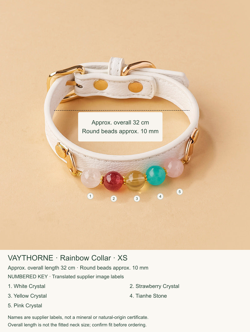 Original pet jewelry option 5, English size and numbered material labels; real product colors, shapes and accessories retained.