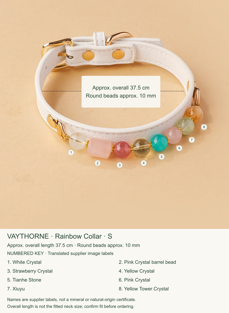 Original pet jewelry option 6, English size and numbered material labels; real product colors, shapes and accessories retained.