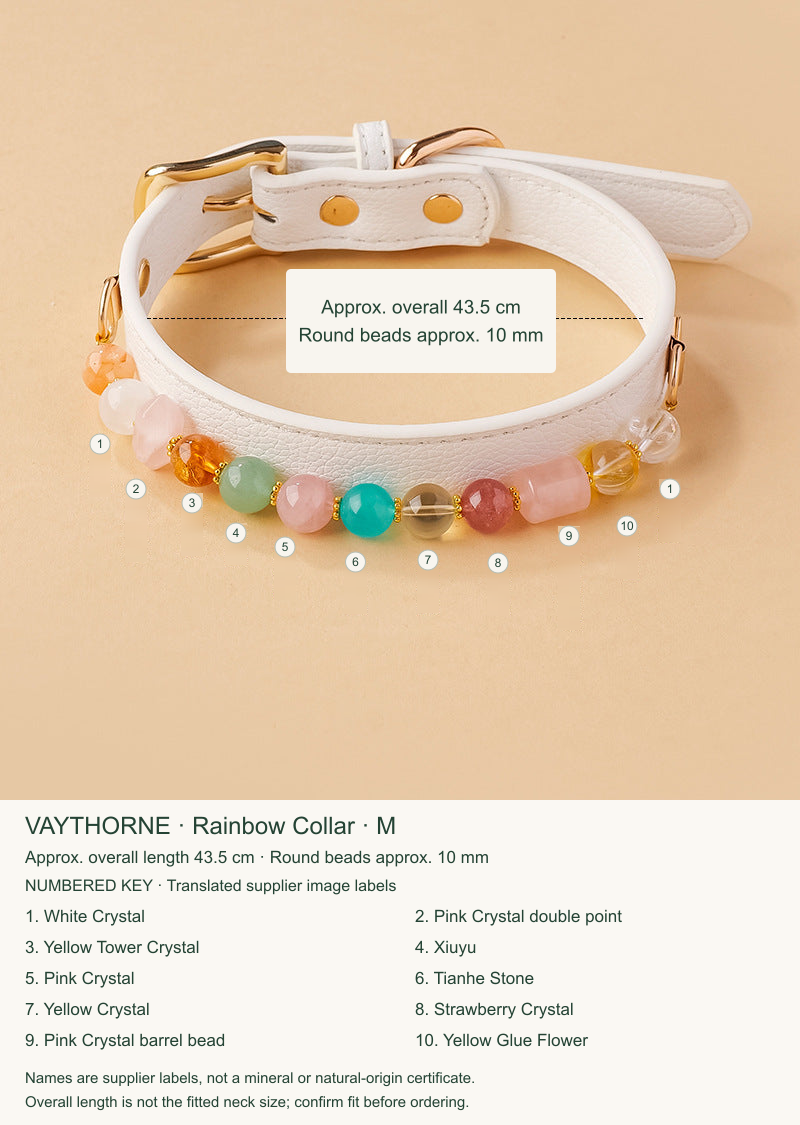Original pet jewelry option 7, English size and numbered material labels; real product colors, shapes and accessories retained.