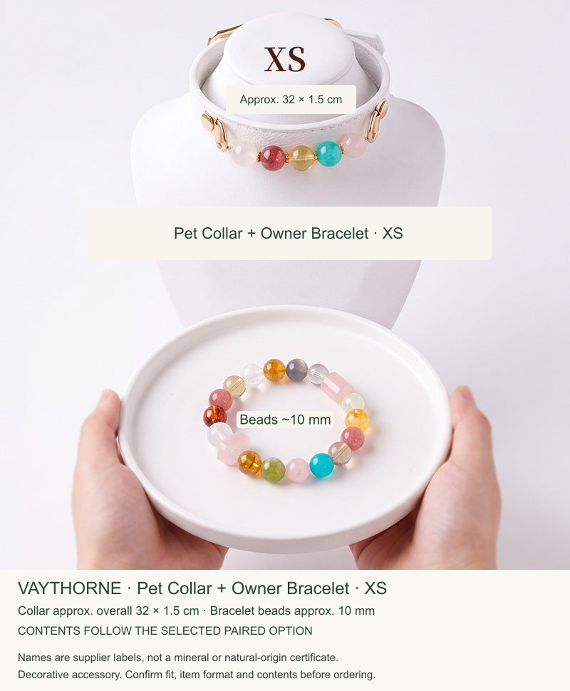 Original pet jewelry option 9, English size and translated material labels; real product retained.
