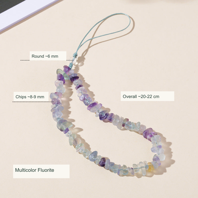Stone chip colored cord phone charm English dimensions