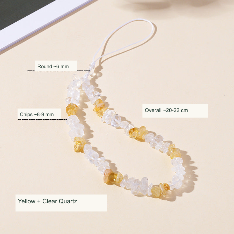 Stone chip colored cord phone charm English dimensions