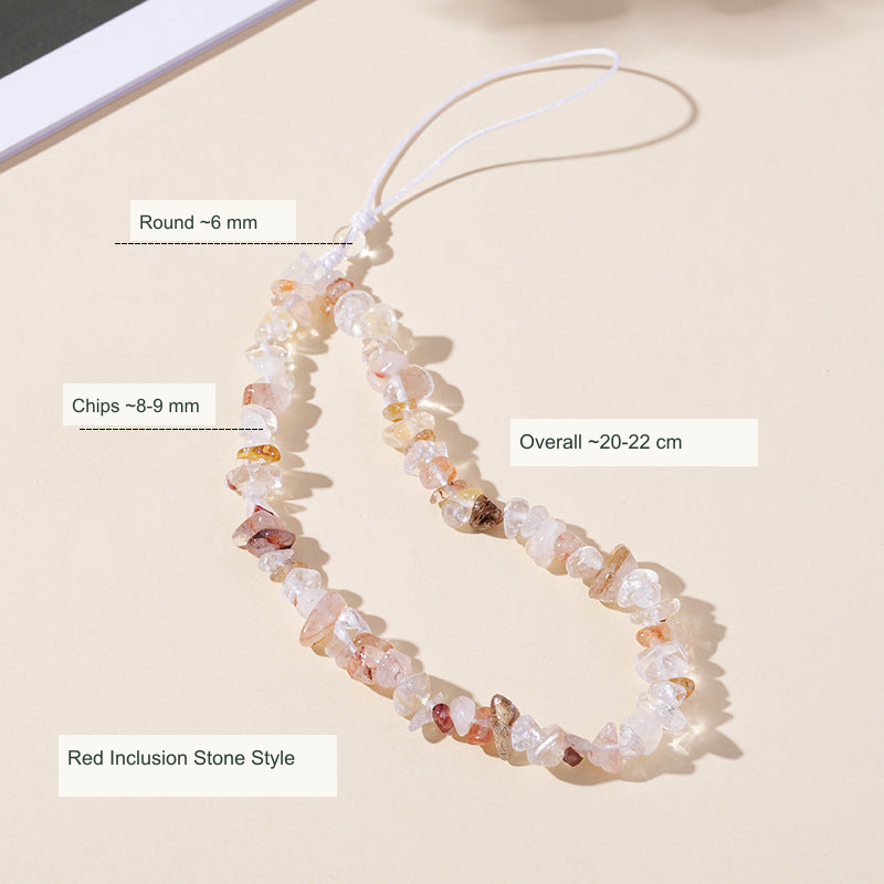 Stone chip colored cord phone charm English dimensions