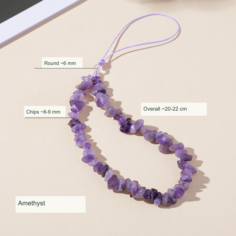 Stone chip colored cord phone charm English dimensions