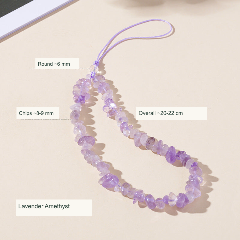 Stone chip colored cord phone charm English dimensions