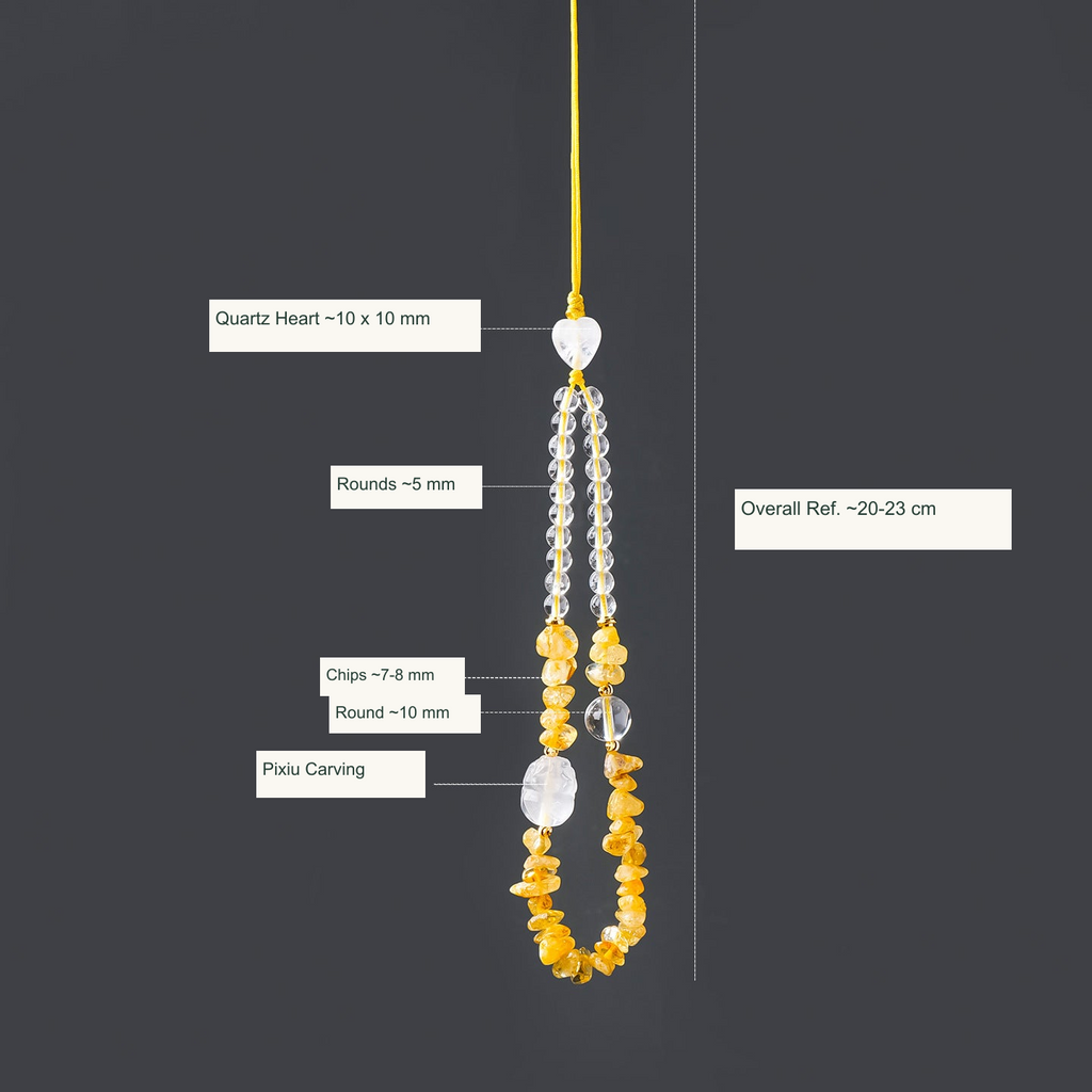 Clear quartz heart Pixiu and yellow chip phone charm English dimensions