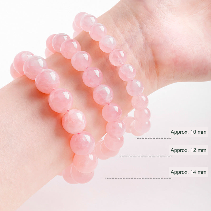 Pink bead bracelet size comparison — approximately 10, 12 and 14 mm beads