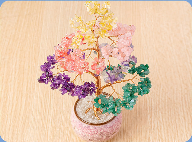 Multicolor chip tree in a pink bowl — actual overhead detail