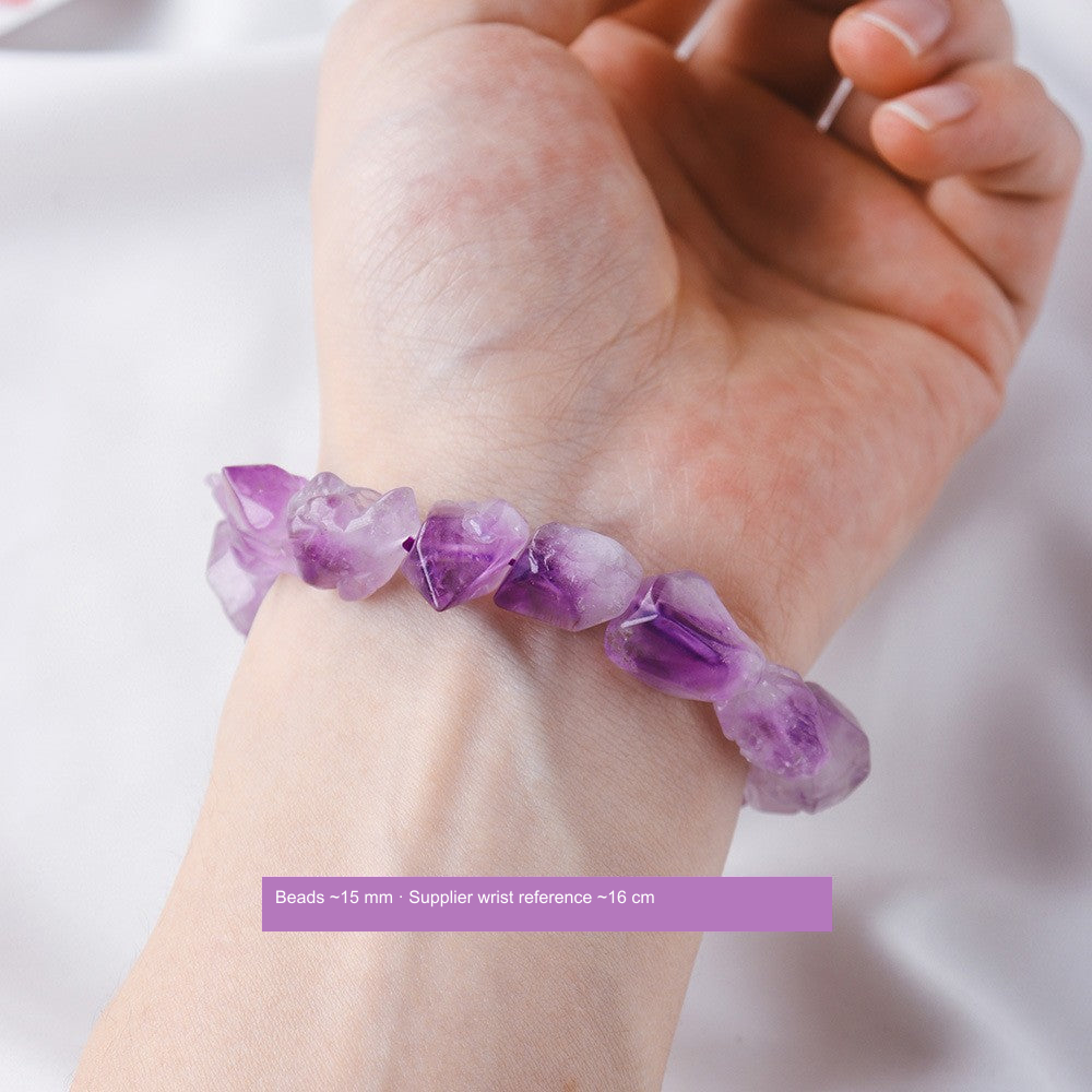 Amethyst tooth-flower style bracelet worn on the wrist with English supplier size reference