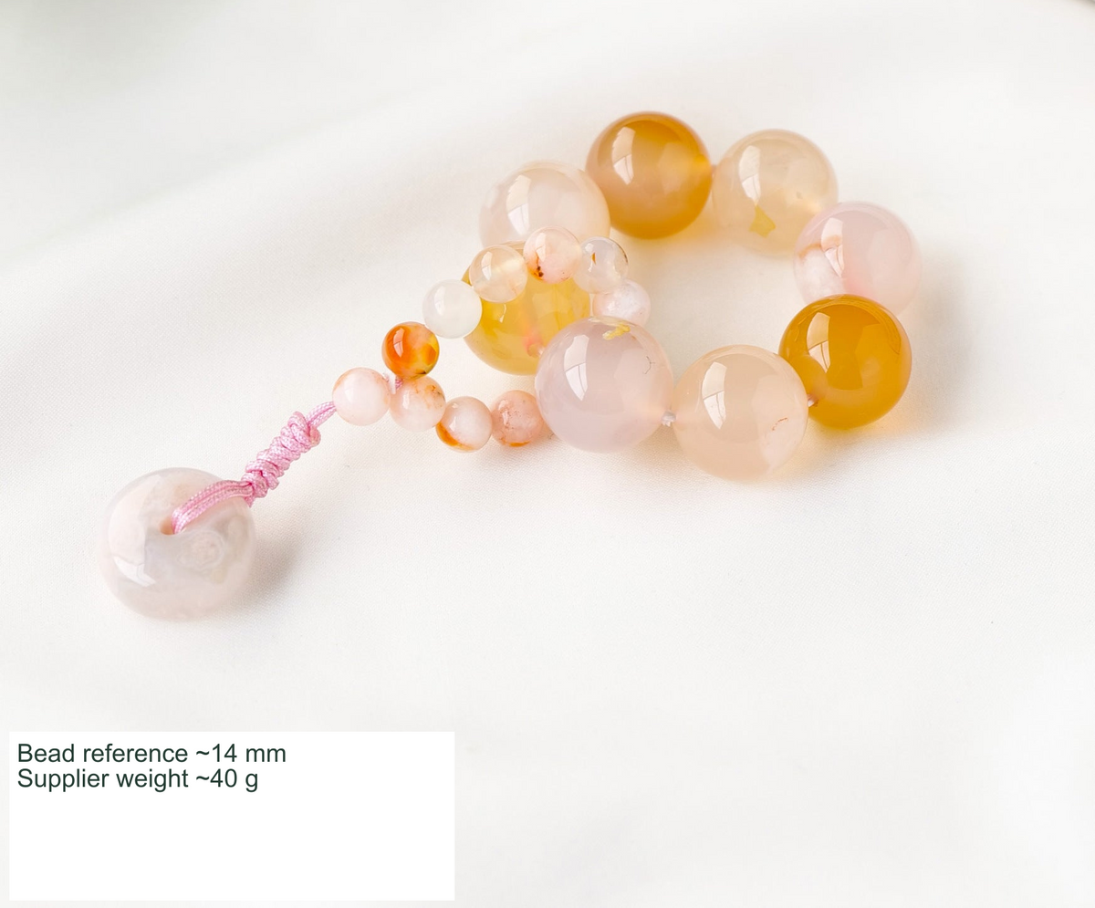 Sakura Agate prayer-bead style with English approximate 14 mm and 40 g references