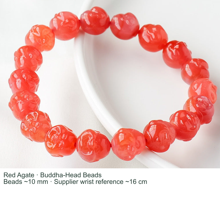 Red Agate Buddha-head beads with approximate 10 mm and supplier wrist reference in English