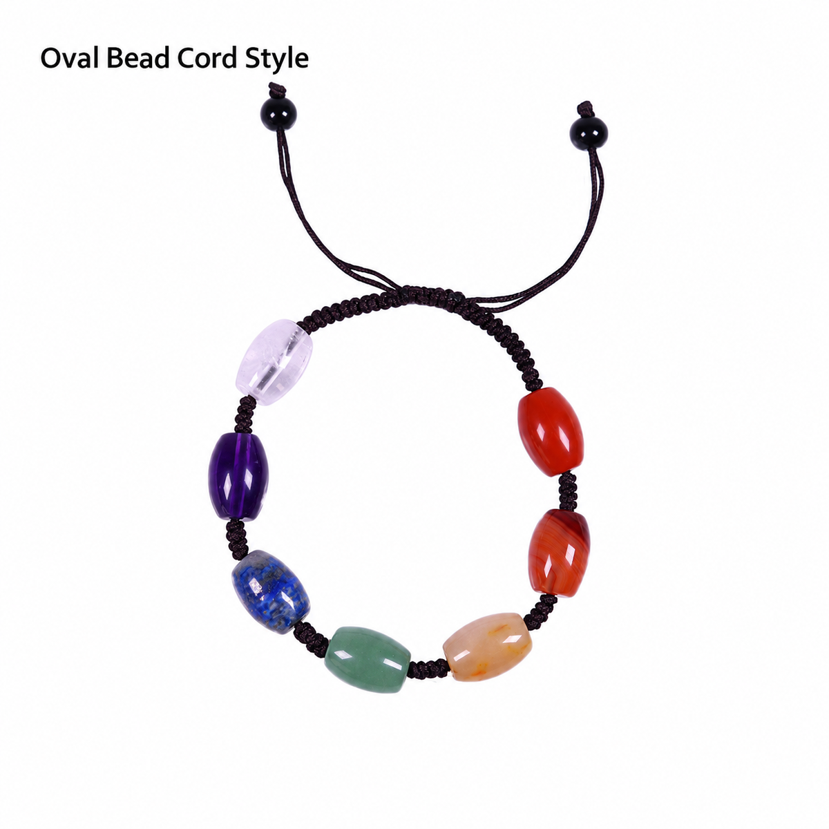 Oval rice-shaped color beads on woven cord, supplier stamp locally retouched and title translated
